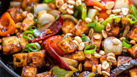 kung pao tofu served in a cast iron skillet