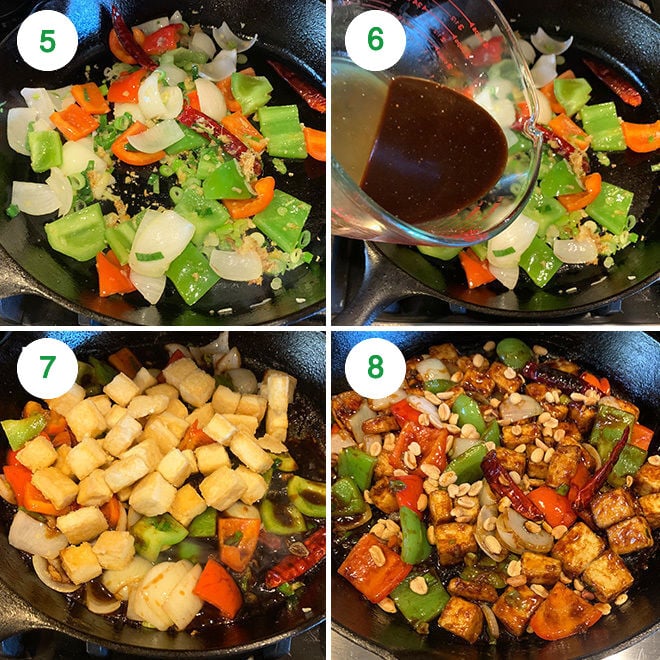 step by step picture collage of making kung pao tofu