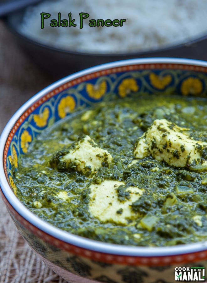 palak paneer served in a bowl with rice