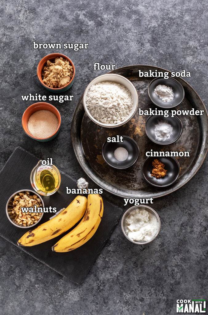 ingredients for eggless banana muffins arranged on a board