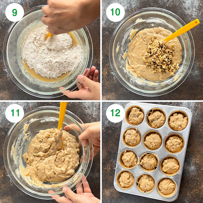 step by step picture collage of making eggless banana muffins at home