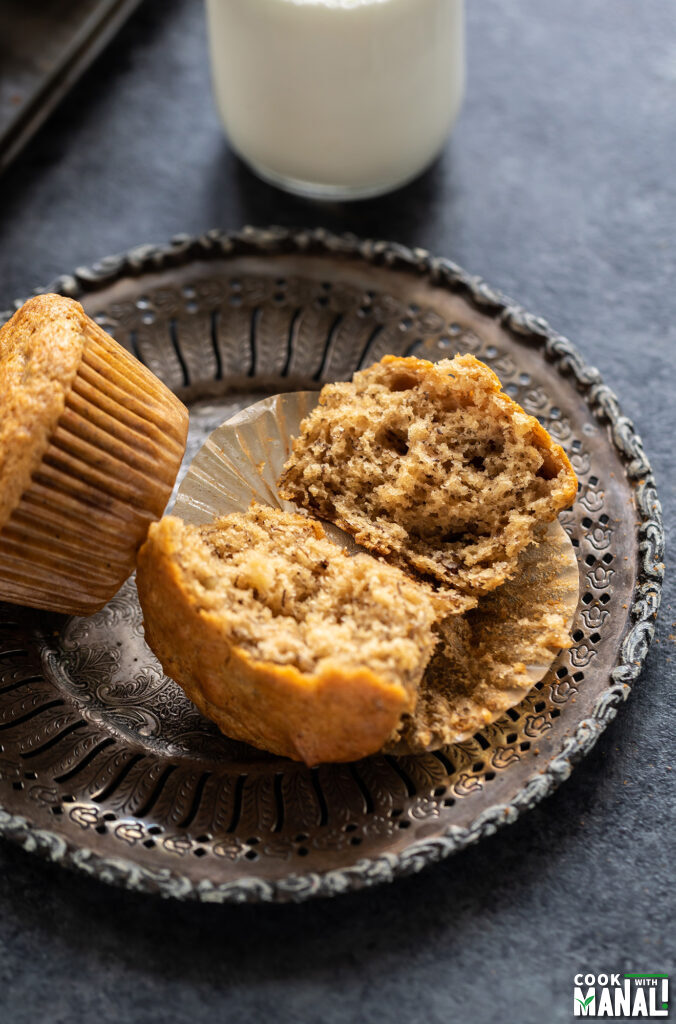 a muffin cut in half to show the texture