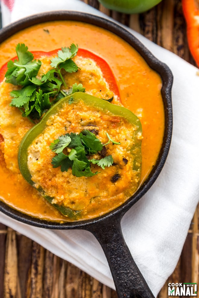 Potato Paneer Stuffed Bell Peppers In Tomato Curry