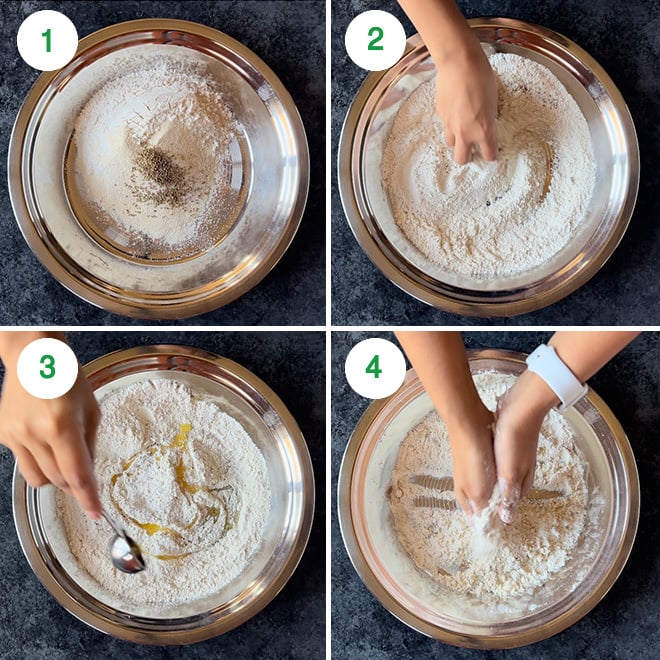 step by step picture collage of making namak para