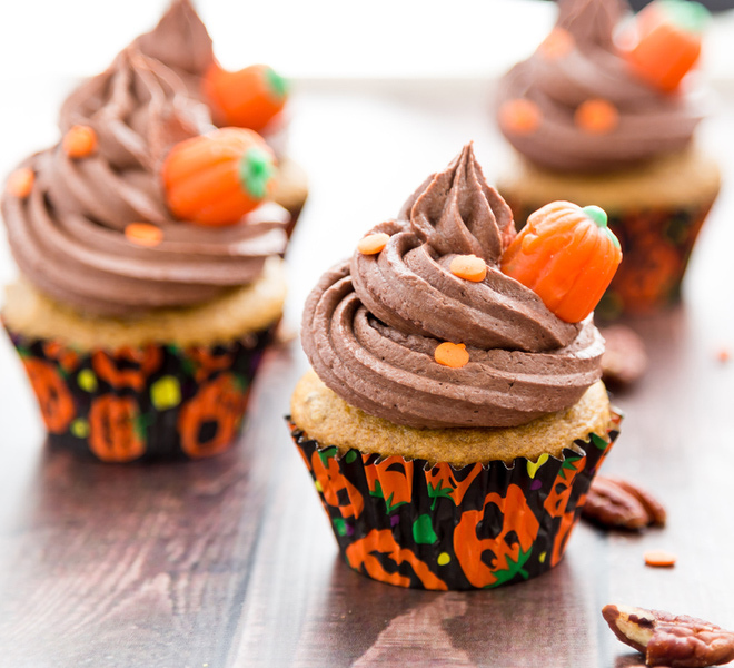 Pumpkin Cupcakes With Chocolate Frosting