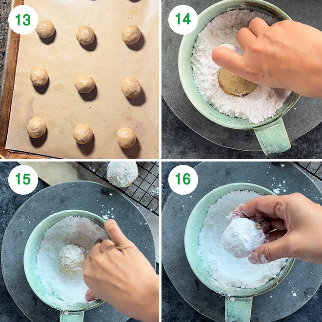 step by step picture collage of making brown butter snowball cookies