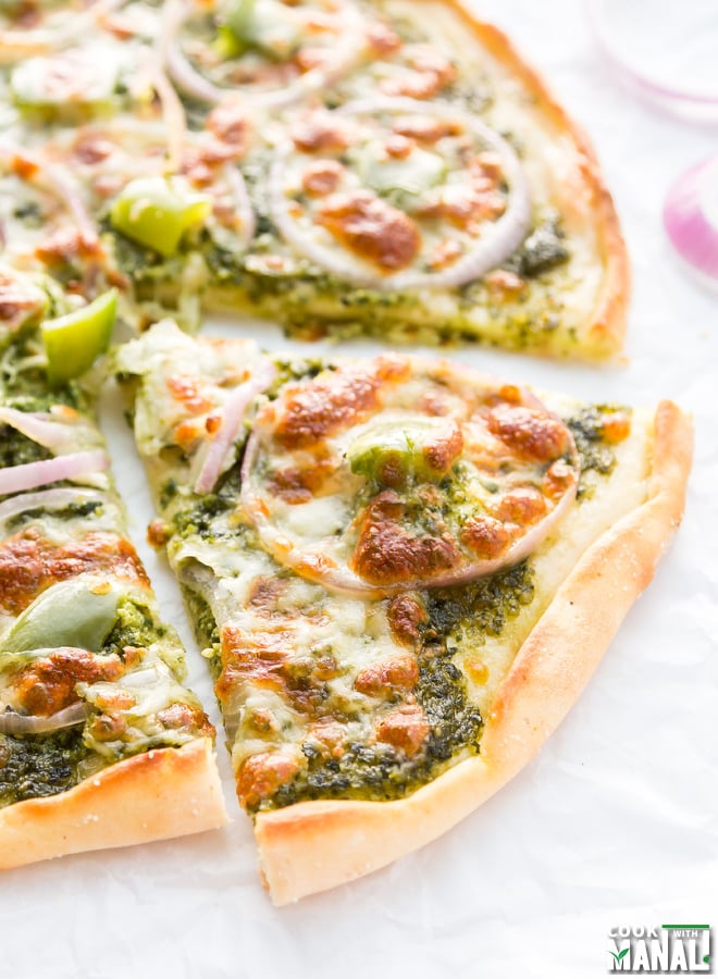 Onion Bell Pepper Pesto Pizza