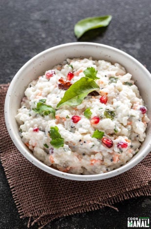 south indian style curd rice in a white bowl garnished with pomegranate arils