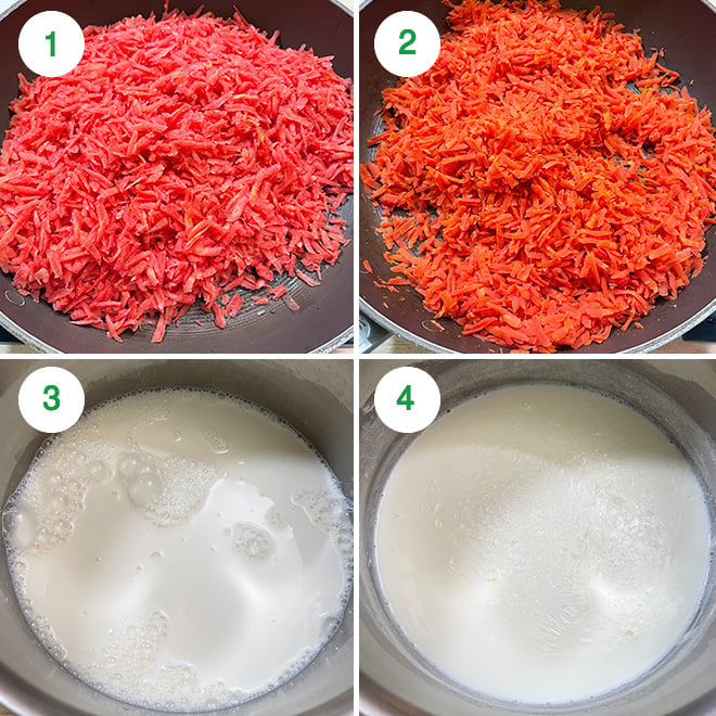 step by step picture collage of making gajar halwa