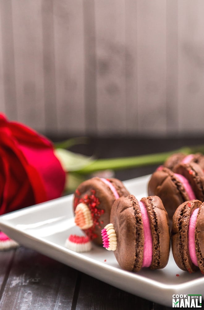 Chocolate Macarons with Rose Filling