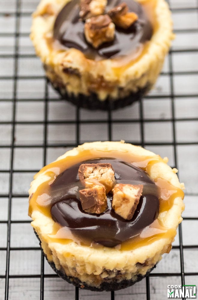 Mini Snickers Cheesecake With Chocolate & Caramel Topping