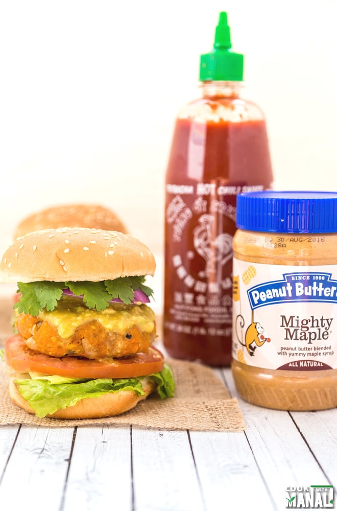 Sweet Potato Peanut Butter Lentil Burgers with Sriracha Sauce