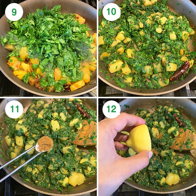 step by step picture collage of making aloo palak