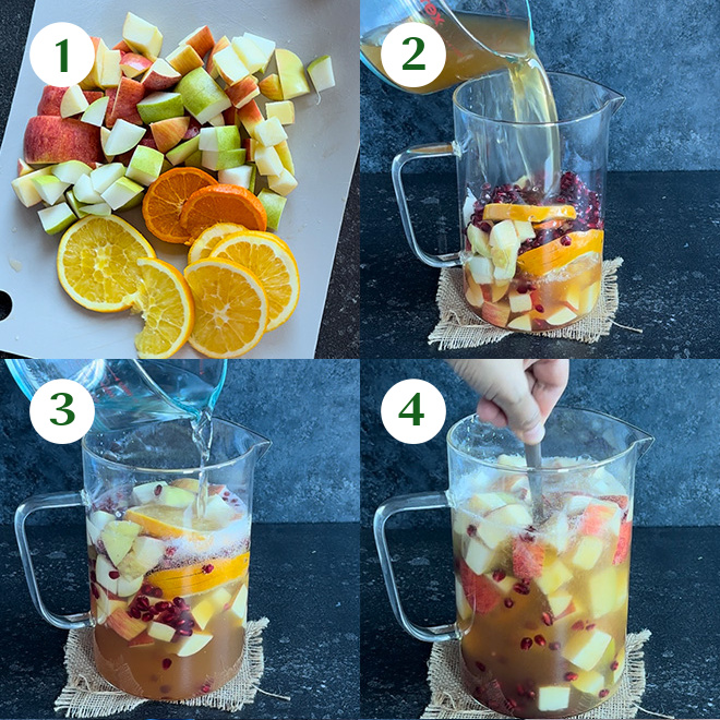 step by step picture collage of making non alcoholic apple cider sangria