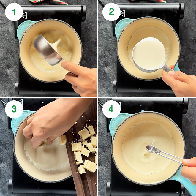 step by step picture collage of making peppermint white hot chocolate