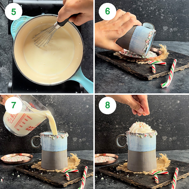 step by step picture collage of making peppermint white hot chocolate