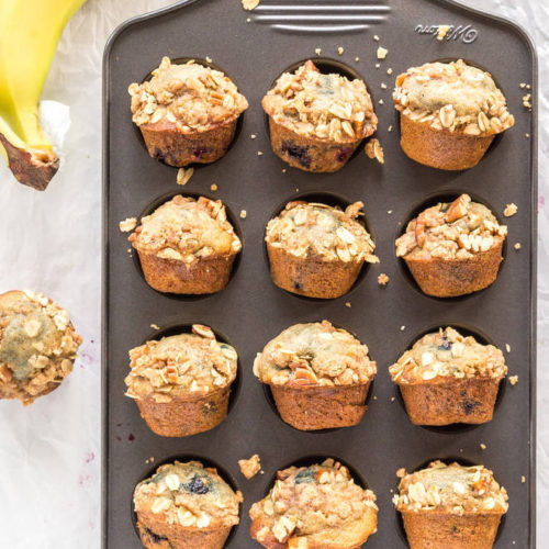 twelve cooked mini banana muffins in a tin