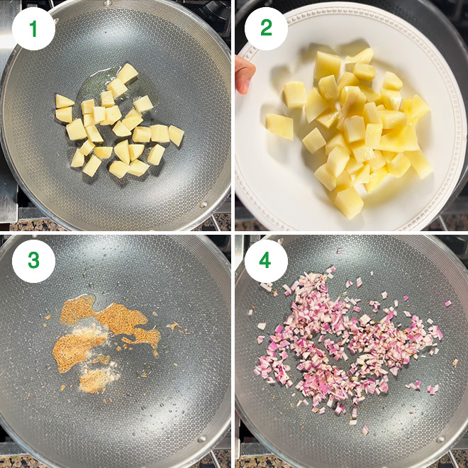 step by step picture collage of making aloo matar at home