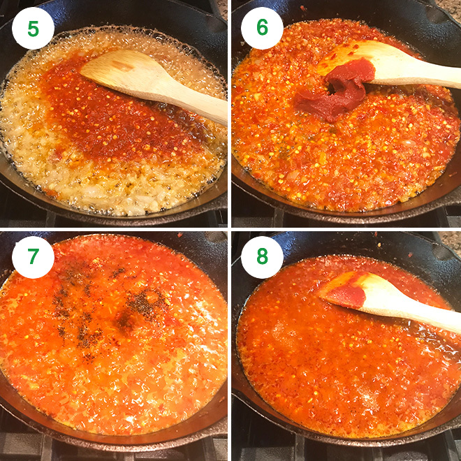 collage d'images étape par étape de la fabrication de la sauce schezwan à la maison