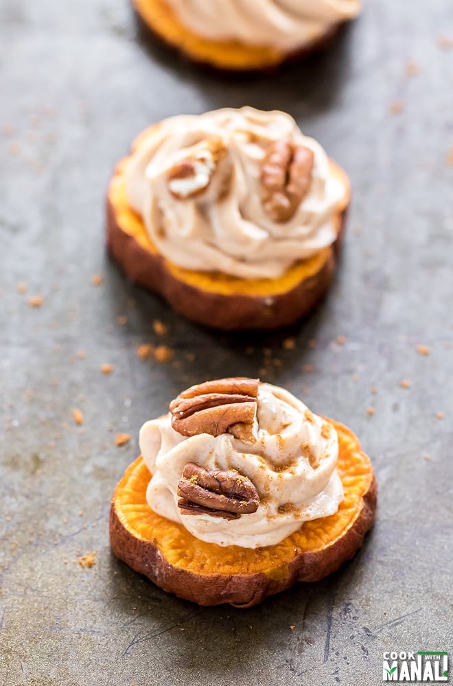 sweet potatoes cut into rounds and topped with maple cream cheese