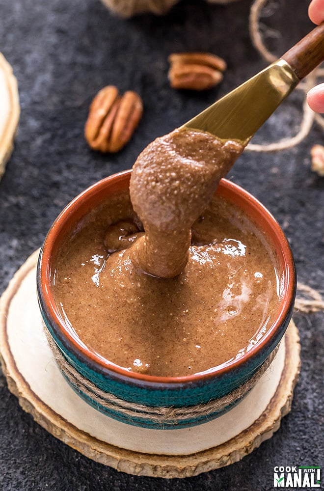 pecan butter in a blue bowl