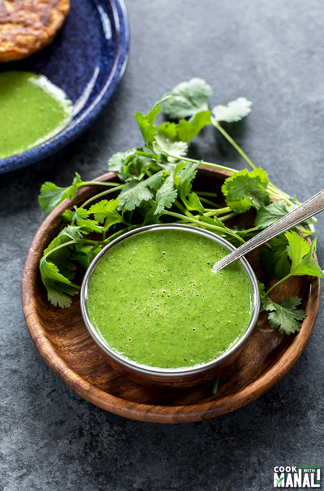a bowl full of cilantro chutney with a spoon dipped in the bowl and some fresh cilantro on the side