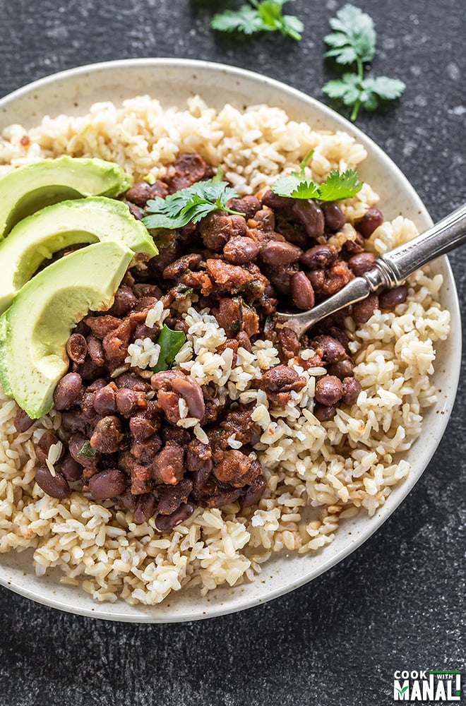 overhead shot of a plate with rice and beans