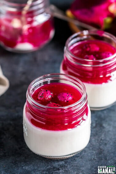 dragon fruit panna cotta in a mason jar