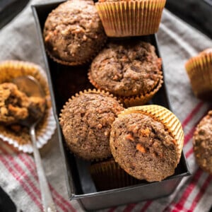 overhead shot of whole wheat carrot muffins in a bread pan