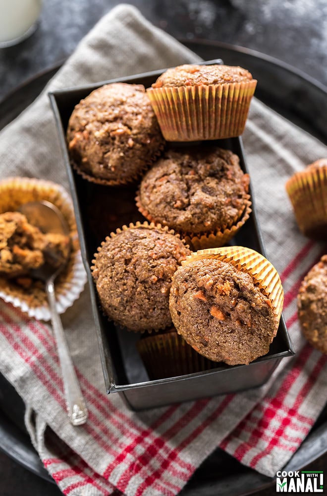 overhead shot of whole wheat carrot muffins in a bread pan