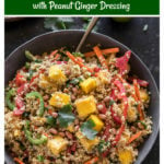 quinoa mango salad in a grey bowl with a spoon on the side