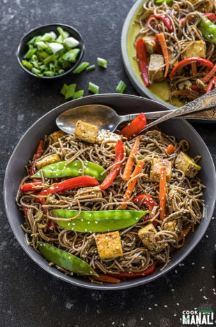 vegan soba noodles with carrots, snow peas, tofu, red pepper in a large grey bowl with a grey napkin on the side