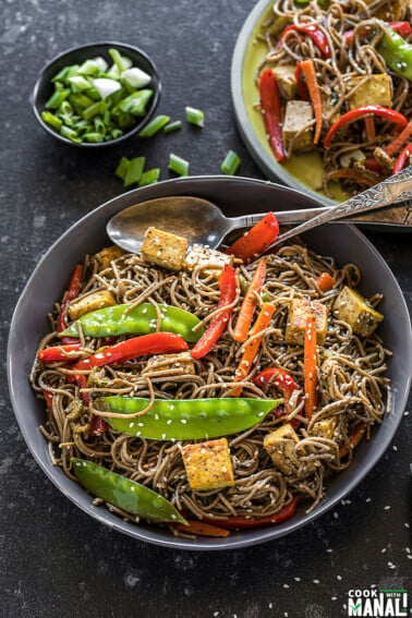 vegan soba noodles with carrots, snow peas, tofu, red pepper in a large grey bowl with a grey napkin on the side