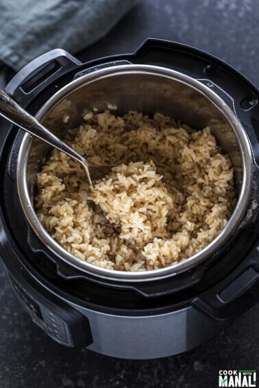 Instant Pot Brown Rice with a spoon