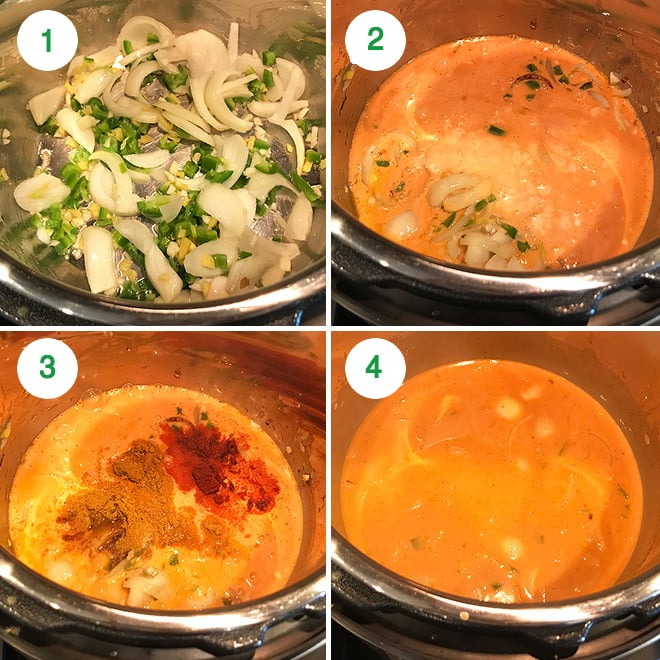 step by step process showing how to make sweet potato curry in instant pot
