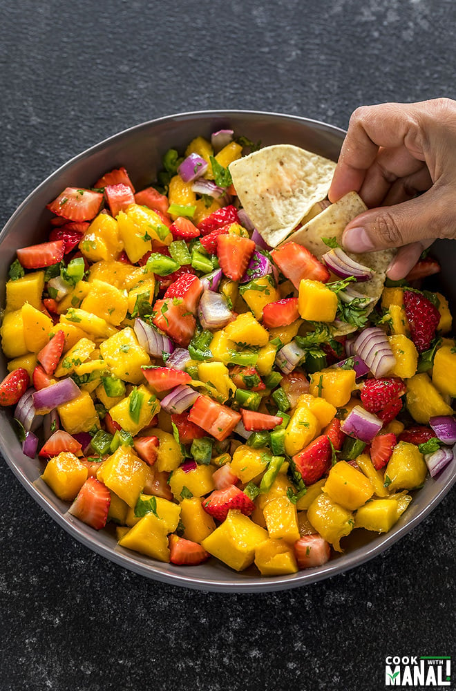 strawberry mango salsa in a large grey bowl