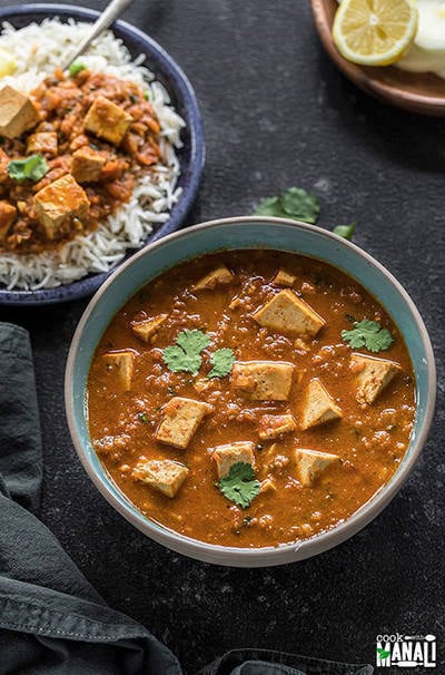 tofu tikka masala served in a large bowl