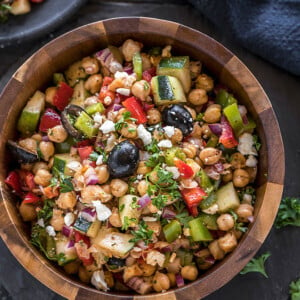 mediterranean chickpea salad in a large wooden bowl