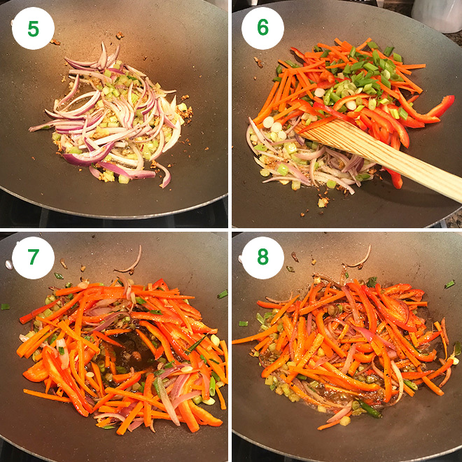 step by step pictures of vegetable hakka noodles being made
