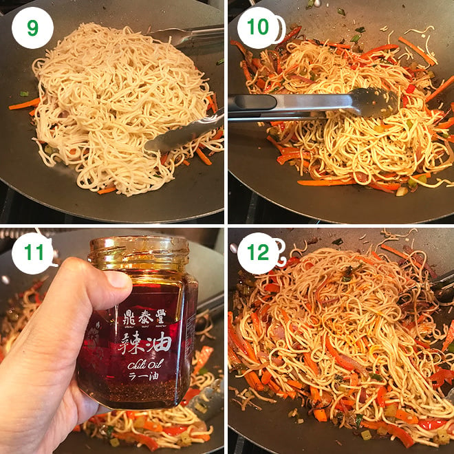 step by step pictures of vegetable hakka noodles being made