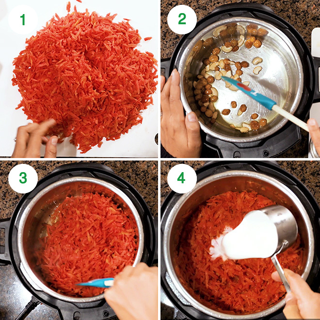 step by step picture collage of making gajar halwa in instant pot