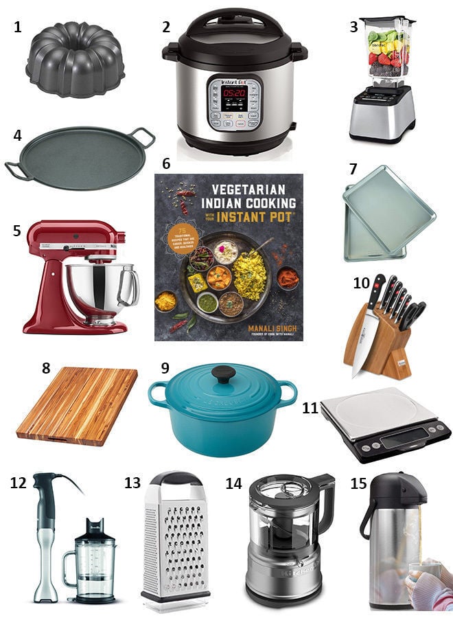 holiday gift guide for the cook with a collage of essential kitchen tools and gadgets