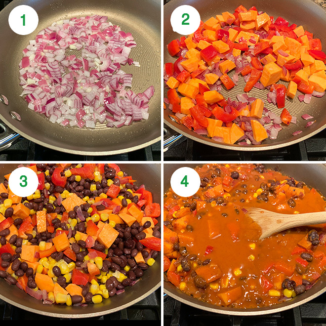 step by step picture collage of one-pot vegetarian enchiladas