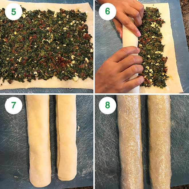 step by step pictures of making spinach sun dried tomato puff pastry pinwheels