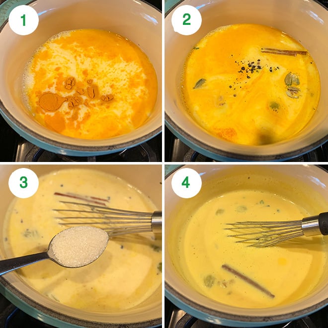 step by step picture collage of making golden milk aka haldi doodh