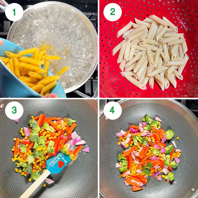 step by step picture collage of making white sauce pasta at home