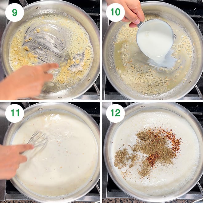 step by step picture collage of making white sauce pasta at home