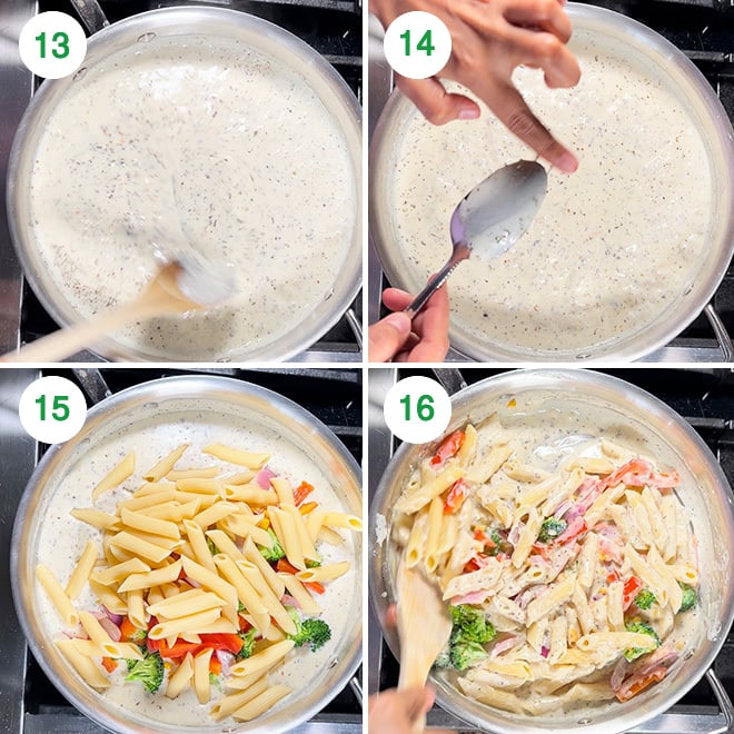 step by step picture collage of making white sauce pasta at home