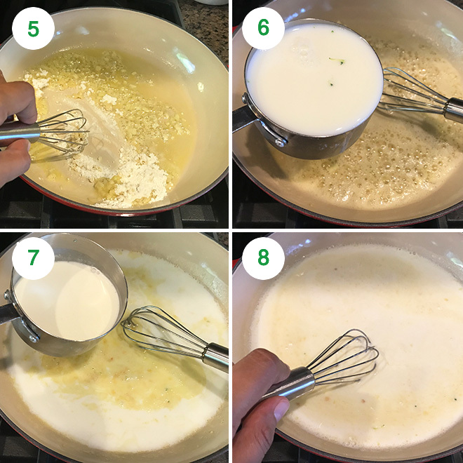 step by step picture collage of making white sauce pasta