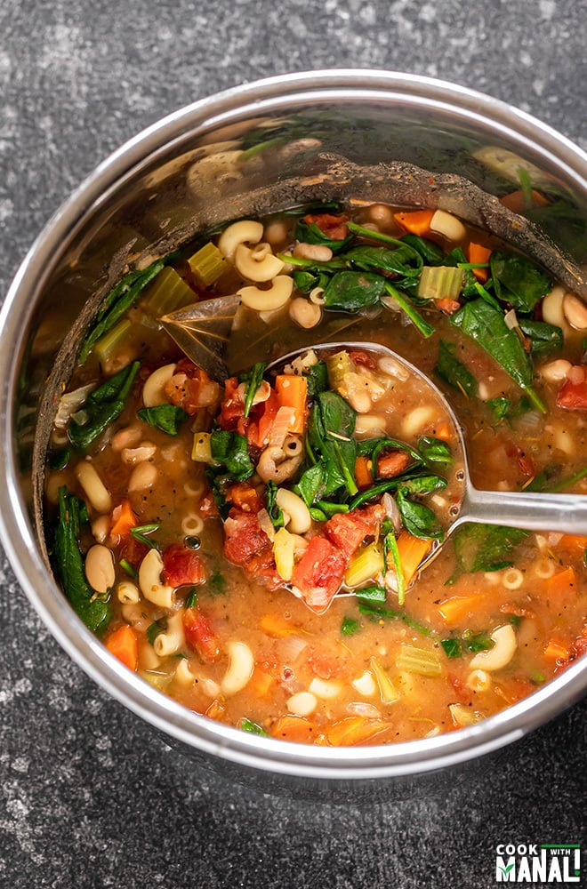 Minestrone Soup in Instant Pot with a ladle